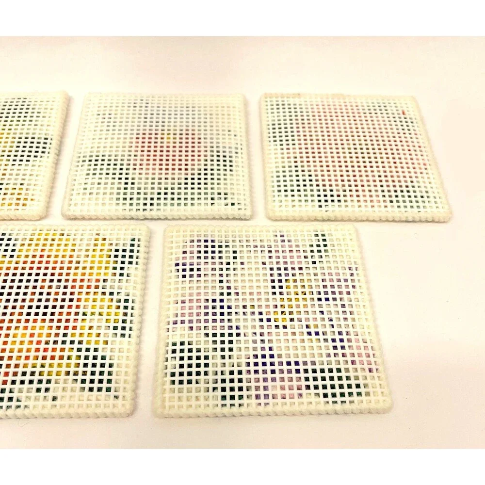 Vintage Handmade Needlepoint Floral Coasters Set of 7 w/ Yarn Covered Box 4in